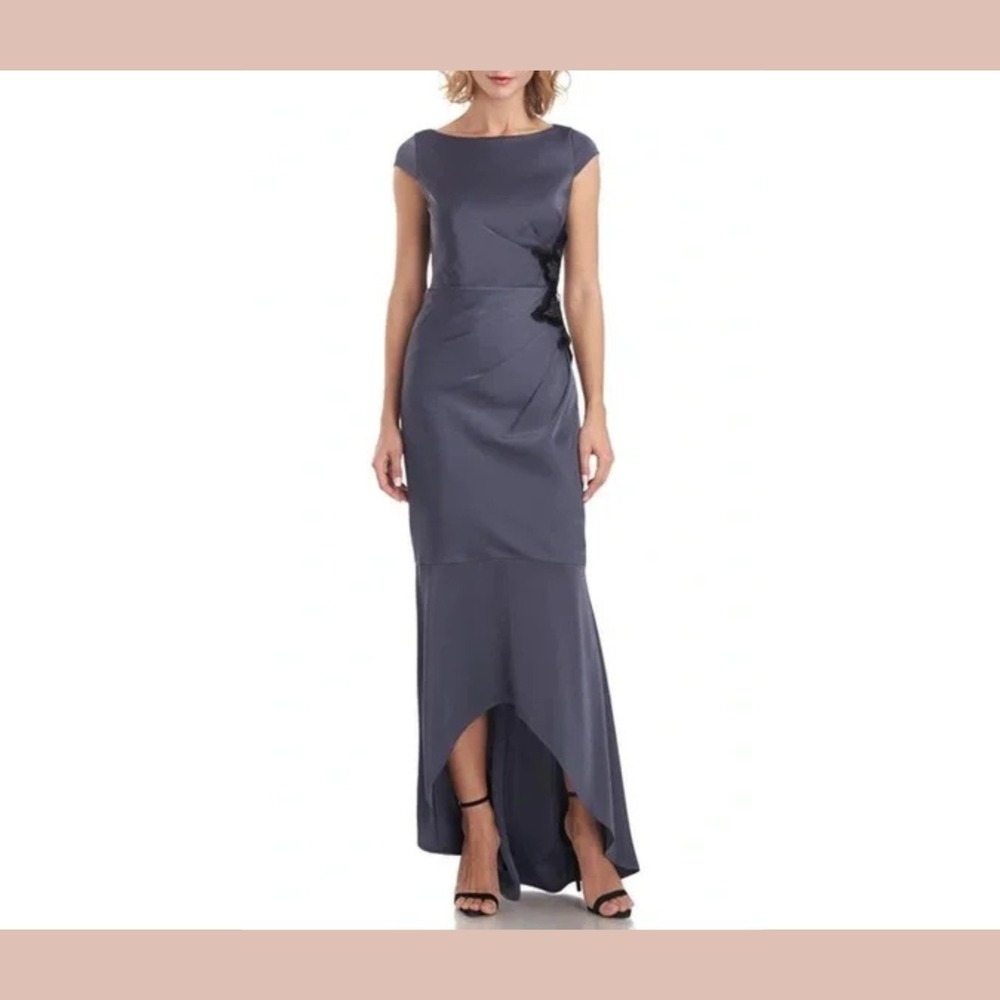 NWT $318 JS Collections [ 4 ] Dendra High-Low‎ Gown in Gunmetal #J2232